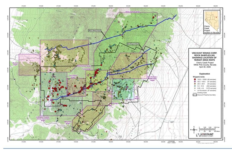 Viscount Mining Initiates Targeted Tungsten Evaluation Program at Cherry Creek, Nevada